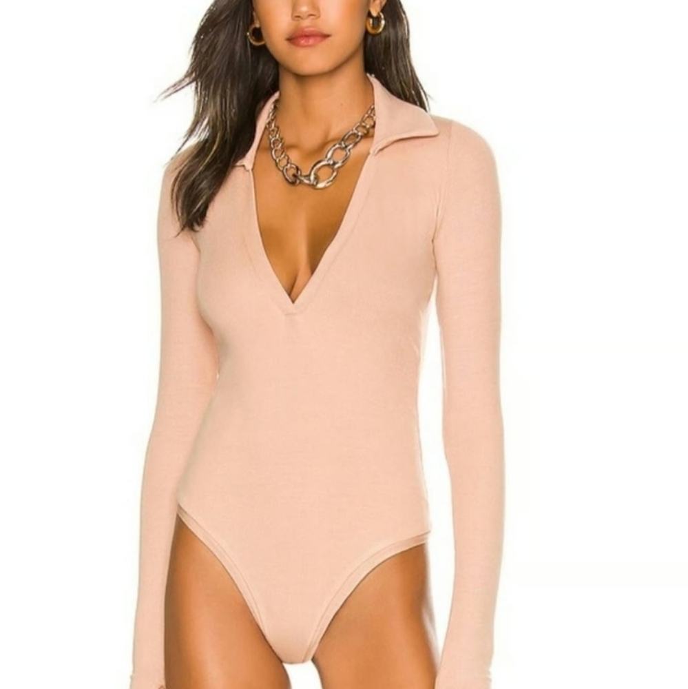 ALIX NYC Monterey Ribbed Beige Low Cut V Neck Bodysuit
